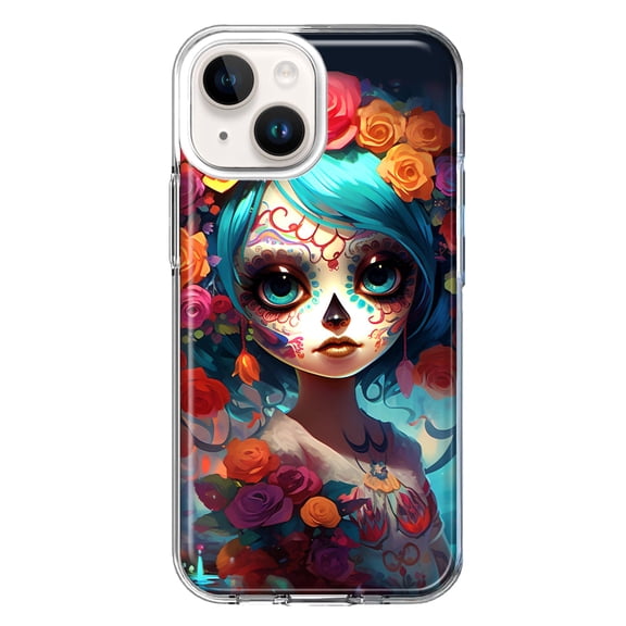 MUNDAZE Case for Apple iPhone 15 Plus Hybrid Shockproof Slim Hard Soft TPU Shell Heavy Duty Protective Phone Cover - Halloween Spooky Colorful Day of the Dead Skull Girl