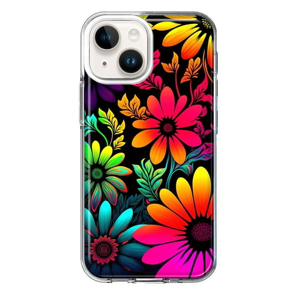 MUNDAZE Case for Apple iPhone 15 Plus Hybrid Shockproof Slim Hard Soft TPU Shell Heavy Duty Protective Phone Cover - Neon Rainbow Glow Colorful Abstract Flowers Floral