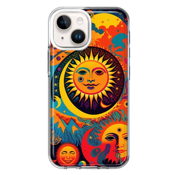 MUNDAZE Case for Apple iPhone 15 Plus Hybrid Shockproof Slim Hard Soft TPU Shell Heavy Duty Protective Phone Cover - Neon Rainbow Psychedelic Indie Hippie Sun Moon