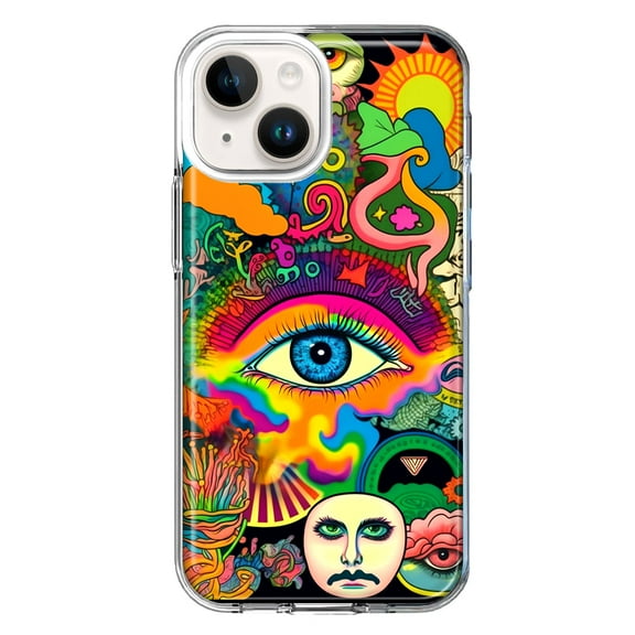 MUNDAZE Case for Apple iPhone 15 Plus Hybrid Shockproof Slim Hard Soft TPU Shell Heavy Duty Protective Phone Cover - Neon Rainbow Psychedelic Trippy Hippie Multiple Eyes