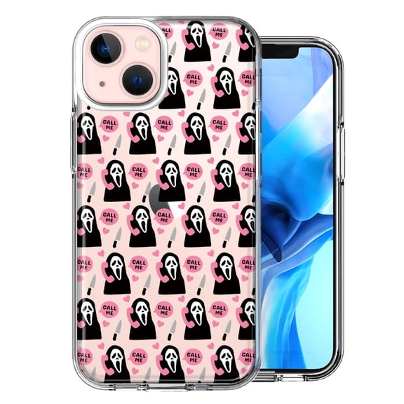 MUNDAZE Case for Apple iPhone 15 Plus Hybrid Shockproof Slim Hard Soft TPU Shell Heavy Duty Protective Phone Cover - Pink Horror Valentine Character Ghostface Boyfriend Call Me Hearts