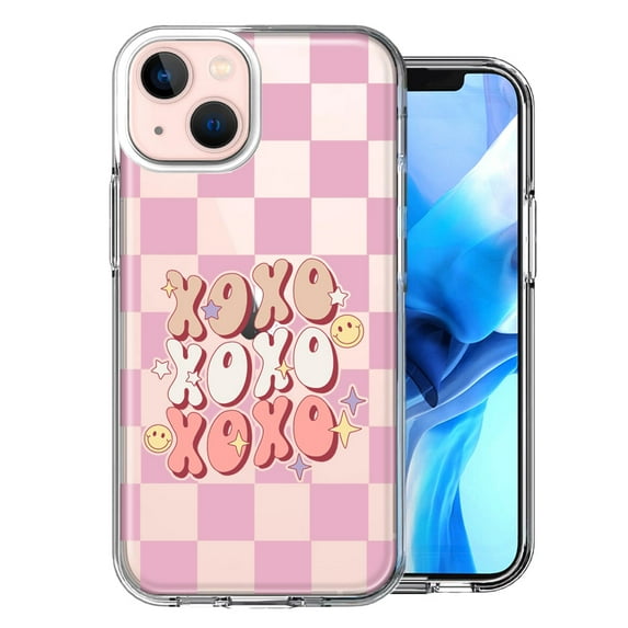 MUNDAZE Case for Apple iPhone 15 Plus Hybrid Shockproof Slim Hard Soft TPU Shell Heavy Duty Protective Phone Cover - Retro Pink Checkered XOXO Vintage 70s Style Hippie Valentine Love