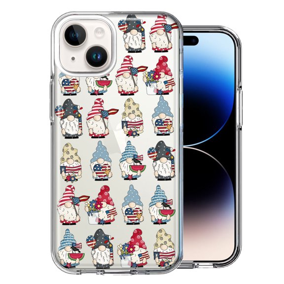 MUNDAZE Case for Apple iPhone 15 Plus Hybrid Shockproof Slim Hard Soft TPU Shell Heavy Duty Protective Phone Cover - USA Fourth Of July American Summer Gnomes Patriotic Parade