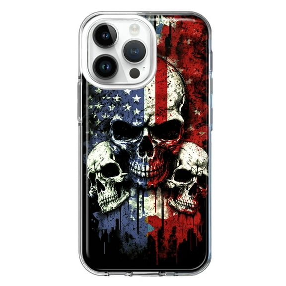 MUNDAZE Case for Apple iPhone 15 Pro Max Slim Hard Shell Soft TPU Hybrid Shockproof Heavy Duty Protective Phone Cover - American USA Flag Skulls Blue Red