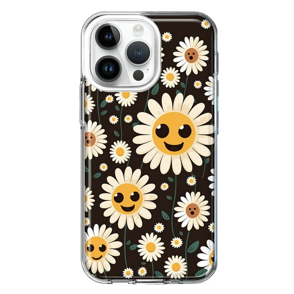 MUNDAZE Case for Apple iPhone 15 Pro Max Slim Hard Shell Soft TPU Hybrid Shockproof Heavy Duty Protective Phone Cover - Cute Smiley Face White Daisies