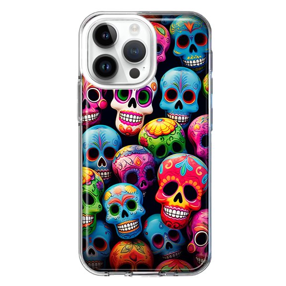 MUNDAZE Case for Apple iPhone 15 Pro Max Slim Hard Shell Soft TPU Hybrid Shockproof Heavy Duty Protective Phone Cover - Halloween Spooky Colorful Day of the Dead Skulls