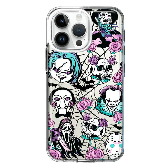 MUNDAZE Case for Apple iPhone 15 Pro Max Slim Hard Shell Soft TPU Hybrid Shockproof Heavy Duty Protective Phone Cover - Roses Halloween Spooky Horror Characters Spider Web