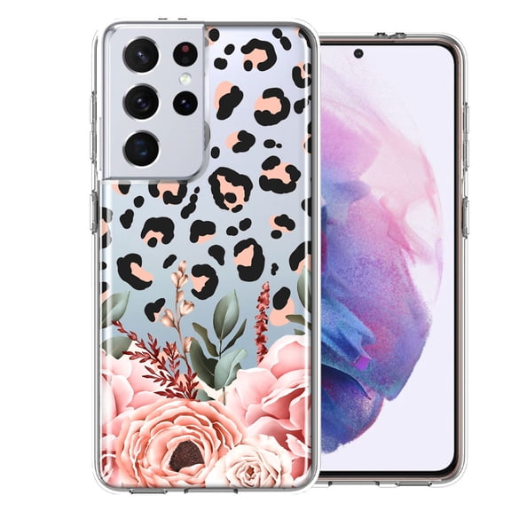 MUNDAZE Case For Samsung Galaxy S21 Ultra Classy Blush Peach Peony Rose Flowers Leopard Phone Cover