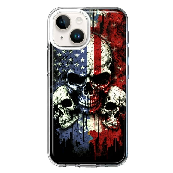 MUNDAZE Case for Apple iPhone 15 Hybrid Shockproof Slim Hard Soft TPU Shell Heavy Duty Protective Phone Cover - American USA Flag Skulls Blue Red