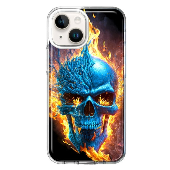 MUNDAZE Case for Apple iPhone 15 Hybrid Shockproof Slim Hard Soft TPU Shell Heavy Duty Protective Phone Cover - Blue Flaming Skull Burning Fire