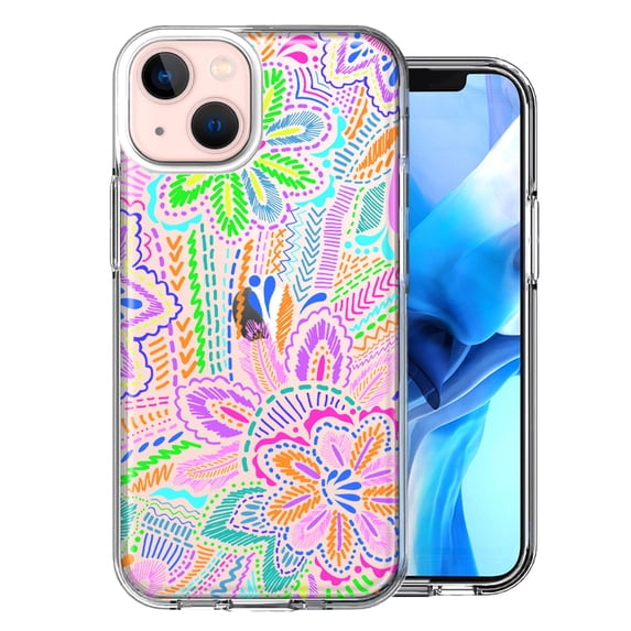 MUNDAZE Case for Apple iPhone 15 Hybrid Shockproof Slim Hard Soft TPU Shell Heavy Duty Protective Phone Cover - Colorful Summer Flowers Doodle Art