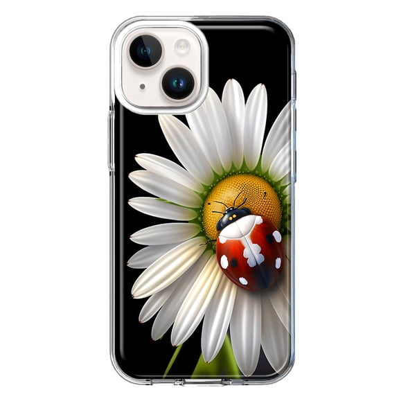 MUNDAZE Case for Apple iPhone 15 Hybrid Shockproof Slim Hard Soft TPU Shell Heavy Duty Protective Phone Cover - Cute White Daisy Red Ladybug