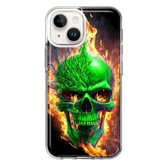 MUNDAZE Case for Apple iPhone 15 Hybrid Shockproof Slim Hard Soft TPU Shell Heavy Duty Protective Phone Cover - Green Flaming Skull Burning Fire