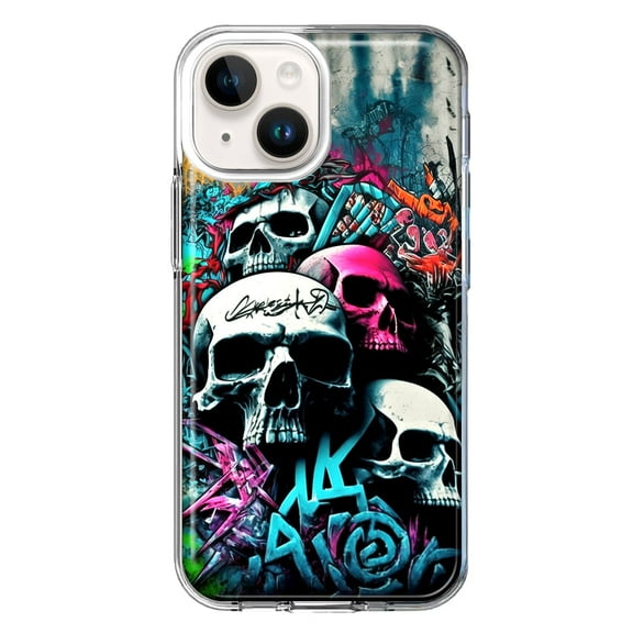 MUNDAZE Case for Apple iPhone 15 Hybrid Shockproof Slim Hard Soft TPU Shell Heavy Duty Protective Phone Cover - Skulls Graffiti Painting Art