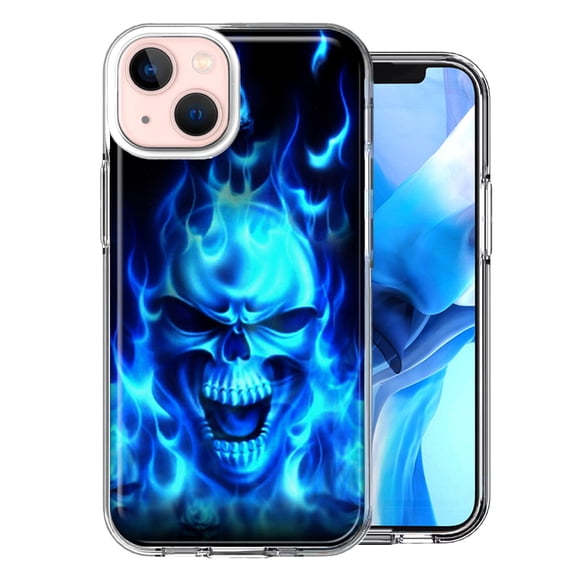 MUNDAZE Case for Apple iPhone 15 Plus Hybrid Shockproof Slim Hard Soft TPU Shell Heavy Duty Protective Phone Cover - Blue Flaming Skull