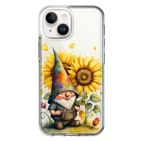 MUNDAZE Case for Apple iPhone 15 Plus Hybrid Shockproof Slim Hard Soft TPU Shell Heavy Duty Protective Phone Cover - Cute Gnome Sunflowers Clear