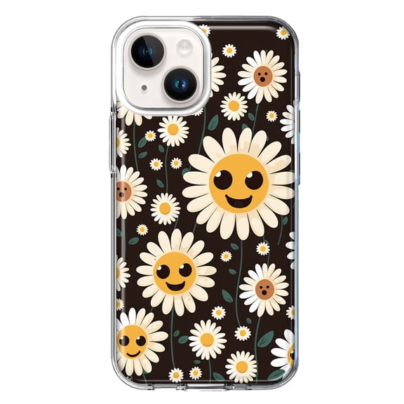 MUNDAZE Case for Apple iPhone 15 Plus Hybrid Shockproof Slim Hard Soft TPU Shell Heavy Duty Protective Phone Cover - Cute Smiley Face White Daisies