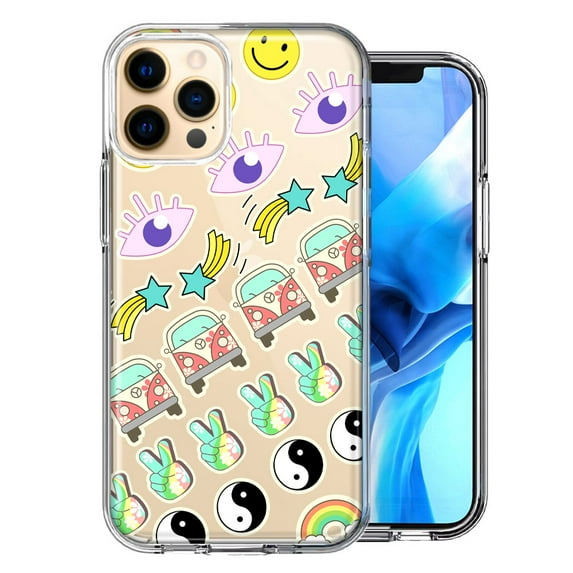 MUNDAZE For Apple iPhone 12 Pro Max 70's Yin Yang Hippie Happy Peace Stars Design Double Layer Phone Case Cover