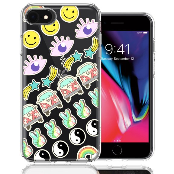 MUNDAZE For Apple iPhone 6/7/8/SE 70's Yin Yang Hippie Happy Peace Stars Design Double Layer Phone Case Cover
