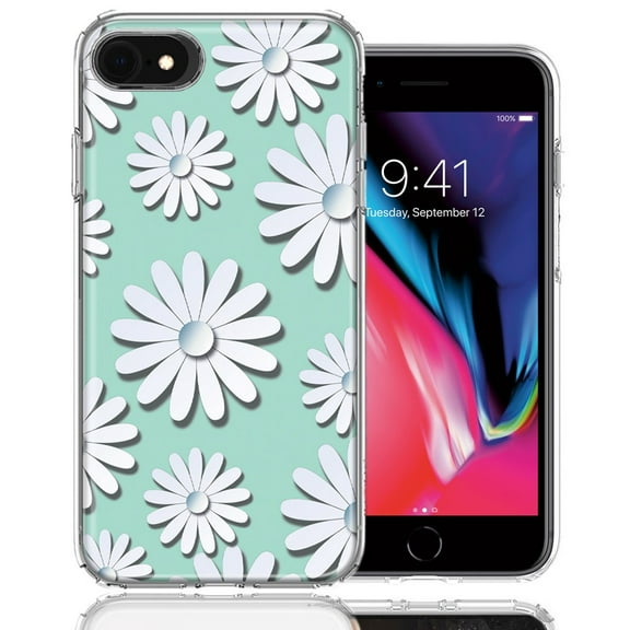 MUNDAZE For Apple iPhone 7/8/SE White Teal Daisies Design Double Layer Phone Case Cover