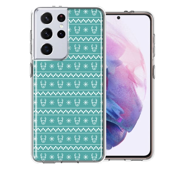 MUNDAZE For Samsung Galaxy S21 Ultra Teal Christmas Reindeer Pattern Design Double Layer Phone Case Cover