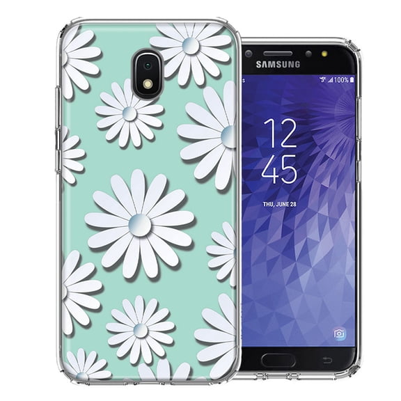 MUNDAZE For Samsung J3 2018/J337/AMP Prime 3/J3 Achieve White Teal Daisies Design Double Layer Phone Case Cover