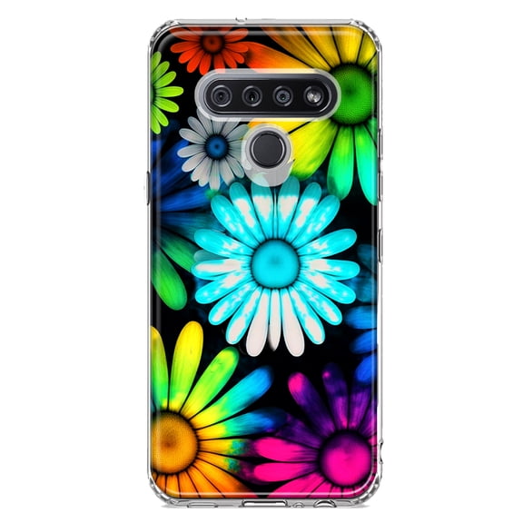 MUNDAZE LG K51 Neon Rainbow Daisy Glow Colorful Daisies Baby Blue Pink Yellow White Double Layer Phone Case Cover