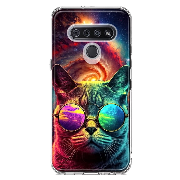 MUNDAZE LG K51 Neon Rainbow Galaxy Cat Shockproof Clear Hybrid Protective Phone Case Cover