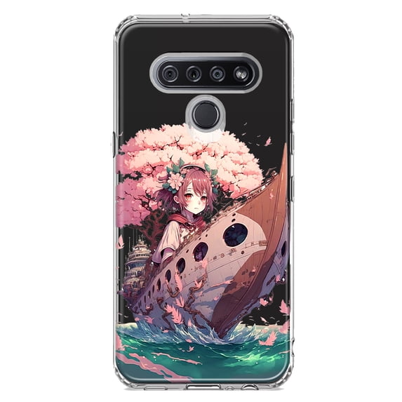 MUNDAZE LG K51 Shockproof Clear Hybrid Protective Phone Case Kawaii Manga Pink Cherry Blossom Japanese Girl Boat Cover