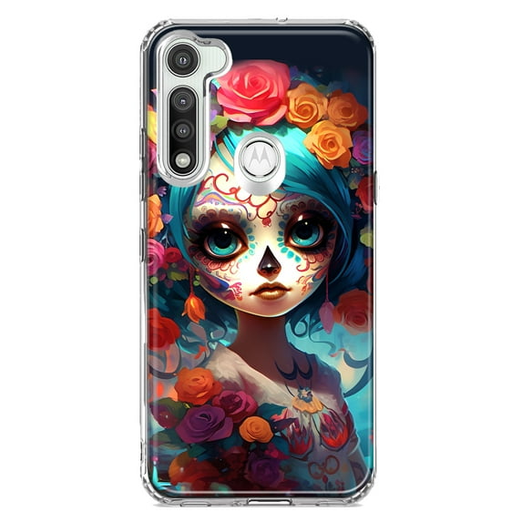 MUNDAZE Motorola Moto G Fast Shockproof Clear Hybrid Protective Phone Case Halloween Spooky Colorful Day of the Dead Skull Girl Cover