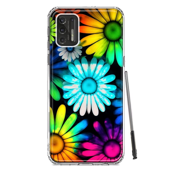MUNDAZE Motorola Moto G Stylus 2021 Neon Rainbow Daisy Glow Colorful Daisies Baby Blue Pink Yellow White Double Layer Phone Case Cover
