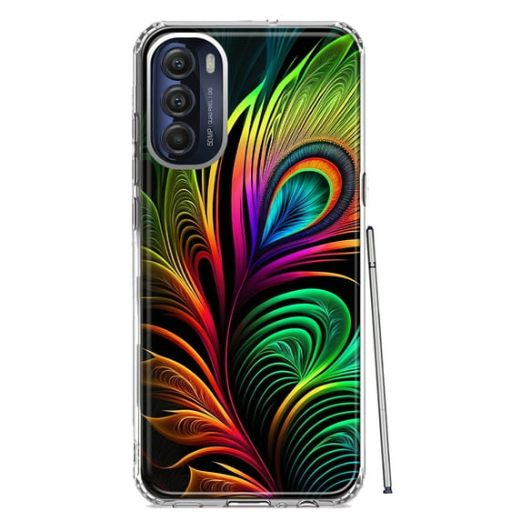 MUNDAZE Motorola Moto G Stylus 4G 2022 Neon Rainbow Glow Peacock Feather Shockproof Clear Hybrid Protective Phone Case Cover