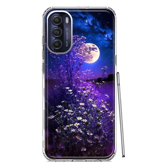 MUNDAZE Motorola Moto G Stylus 4G 2022 Shockproof Clear Hybrid Protective Phone Case Spring Moon Night Lavender Flowers Floral Cover