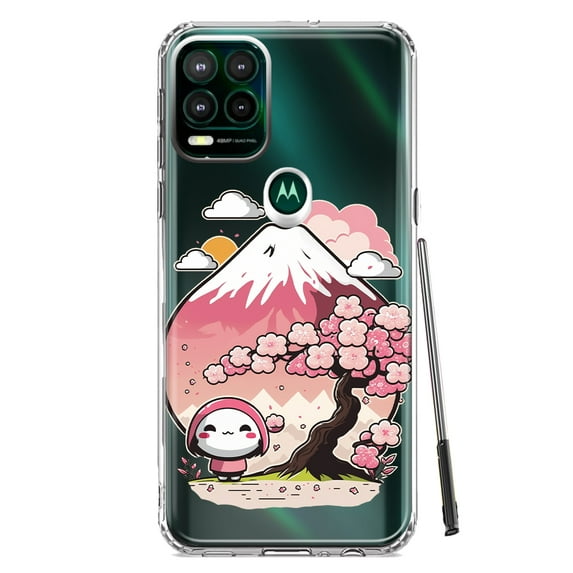 MUNDAZE Motorola Moto G Stylus 5G Shockproof Clear Hybrid Protective Phone Case Kawaii Manga Pink Cherry Blossom Fuji Mountain Mochi Girl Cover