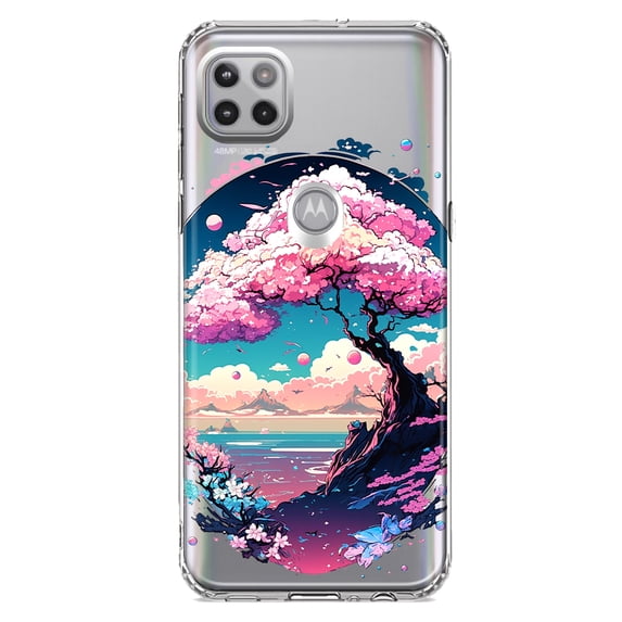 MUNDAZE Motorola One 5G Shockproof Clear Hybrid Protective Phone Case Kawaii Manga Pink Cherry Blossom Japanese Sky Floral Ocean Cover