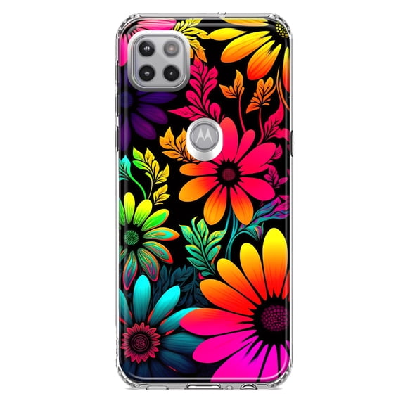 MUNDAZE Motorola One 5G Shockproof Clear Hybrid Protective Phone Case Neon Rainbow Glow Colorful Abstract Flowers Floral Cover
