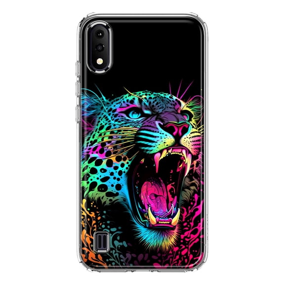 MUNDAZE Samsung Galaxy A01 Neon Rainbow Glow Colorful Leopard Shockproof Clear Hybrid Protective Phone Case Cover
