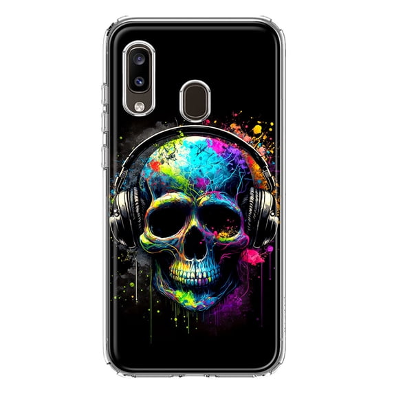 MUNDAZE Samsung Galaxy A20 Shockproof Clear Hybrid Protective Phone Case Fantasy Skull Headphone Colorful Pop Art Cover