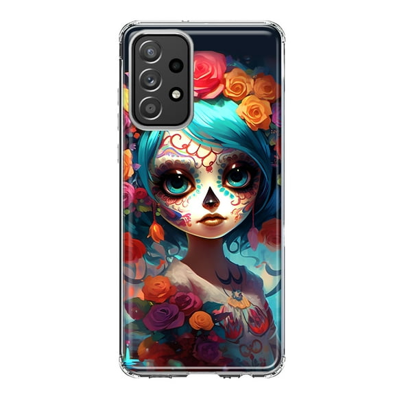 MUNDAZE Samsung Galaxy A52 Shockproof Clear Hybrid Protective Phone Case Halloween Spooky Colorful Day of the Dead Skull Girl Cover