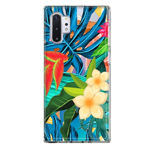 MUNDAZE Samsung Galaxy Note 10 Plus Shockproof Clear Hybrid Protective Phone Case Blue Monstera Pothos Tropical Floral Flowers Cover