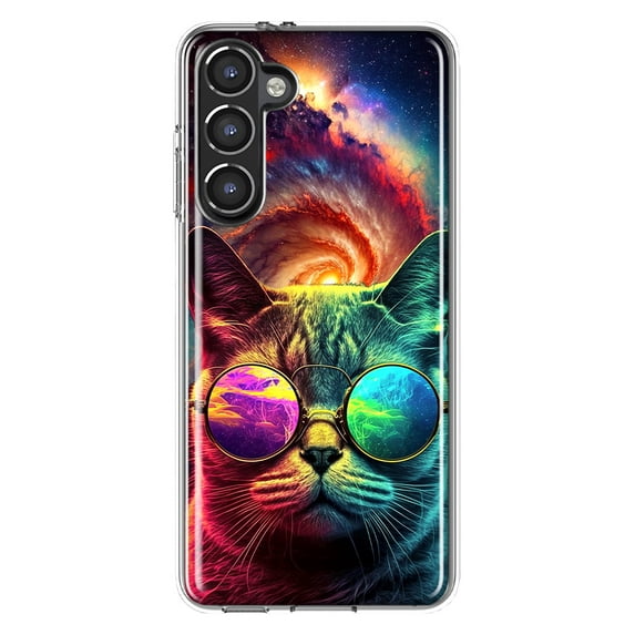 MUNDAZE Samsung Galaxy S23 Plus Neon Rainbow Galaxy Cat Shockproof Clear Hybrid Protective Phone Case Cover