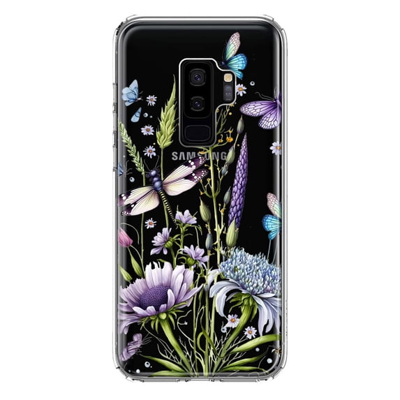 MUNDAZE Samsung Galaxy S9 Plus Shockproof Clear Hybrid Protective Phone Case Lavender Dragonfly Butterflies Spring Flowers Cover