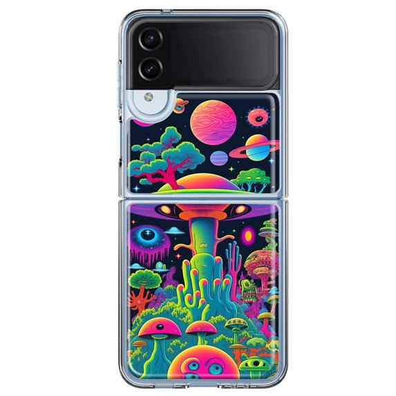 MUNDAZE Samsung Galaxy Z Flip 4 Shockproof Clear Hybrid Protective Phone Case Neon Psychedelic UFO Alien Planet Cover