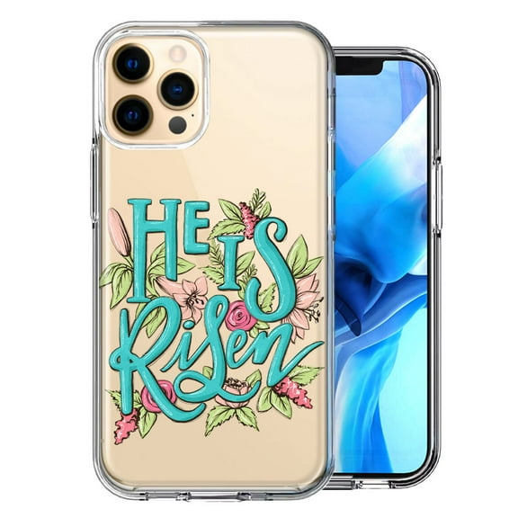 MUNDAZE for Apple iPhone 12 Pro Max He Is Risen Text Easter Jesus Christian Flowers Double Layer Phone Case Cover