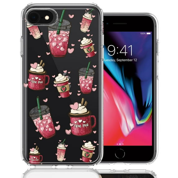 MUNDAZE for Apple iPhone 6/7/8/SE Coffee Lover Valentine's Hearts Pink Drink Latte Double Layer Phone Case Cover