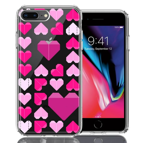 MUNDAZE for Apple iPhone 7/8 Plus Pink Purple Origami Valentine's Day Polkadot Hearts Design Double Layer Phone Case Cover