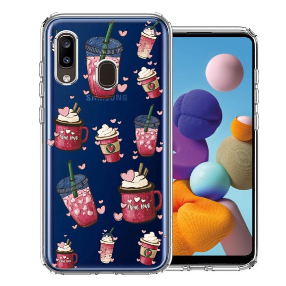 MUNDAZE for Samsung Galaxy A20 Coffee Lover Valentine's Hearts Pink Drink Latte Double Layer Phone Case Cover