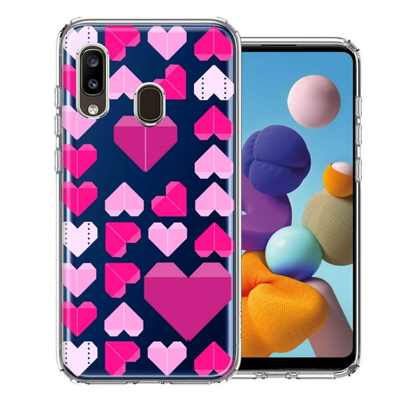MUNDAZE for Samsung Galaxy A20 Pink Purple Origami Valentine's Day Polkadot Hearts Design Double Layer Phone Case Cover