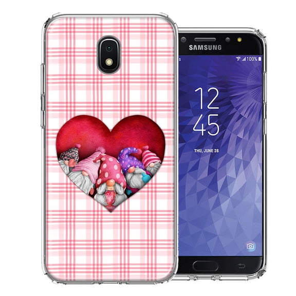 MUNDAZE for Samsung Galaxy J3 Express/Prime 3/Amp Prime 3 Valentine's Day Garden Gnomes Heart Love Pink Plaid Double Layer Phone Case Cover