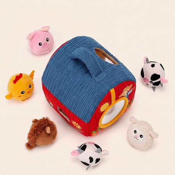 MUNDIDO Baby Toys 6 7 8 9 12 Months - Surprise Barn with Stuffed Farm Animals, Rattle, Crinkle Paper, Mirror - Montessori Toys for Babies, Sensory Balls for Toddlers 1 2 3 4 Baby Stuffers Gifts